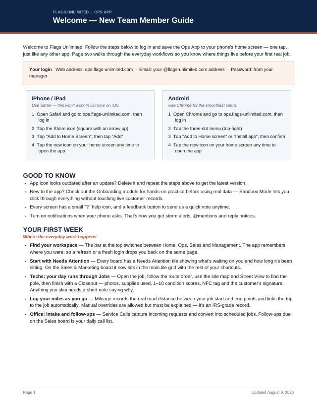 First page of the Welcome — New Team Member Guide